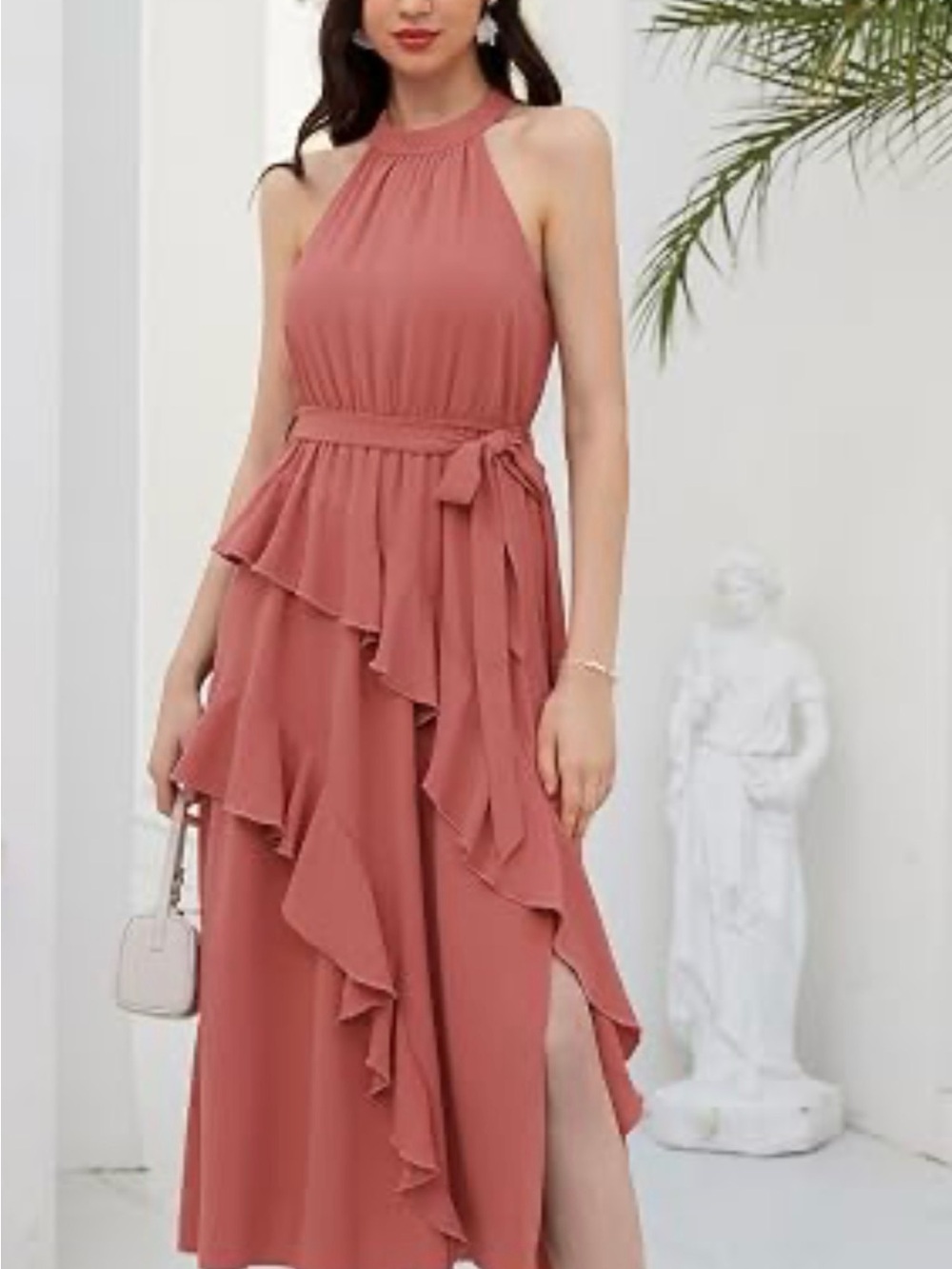 Grace Karin 2XL Coral Ruffle Maxi Dress Halter Belted Slit NWT